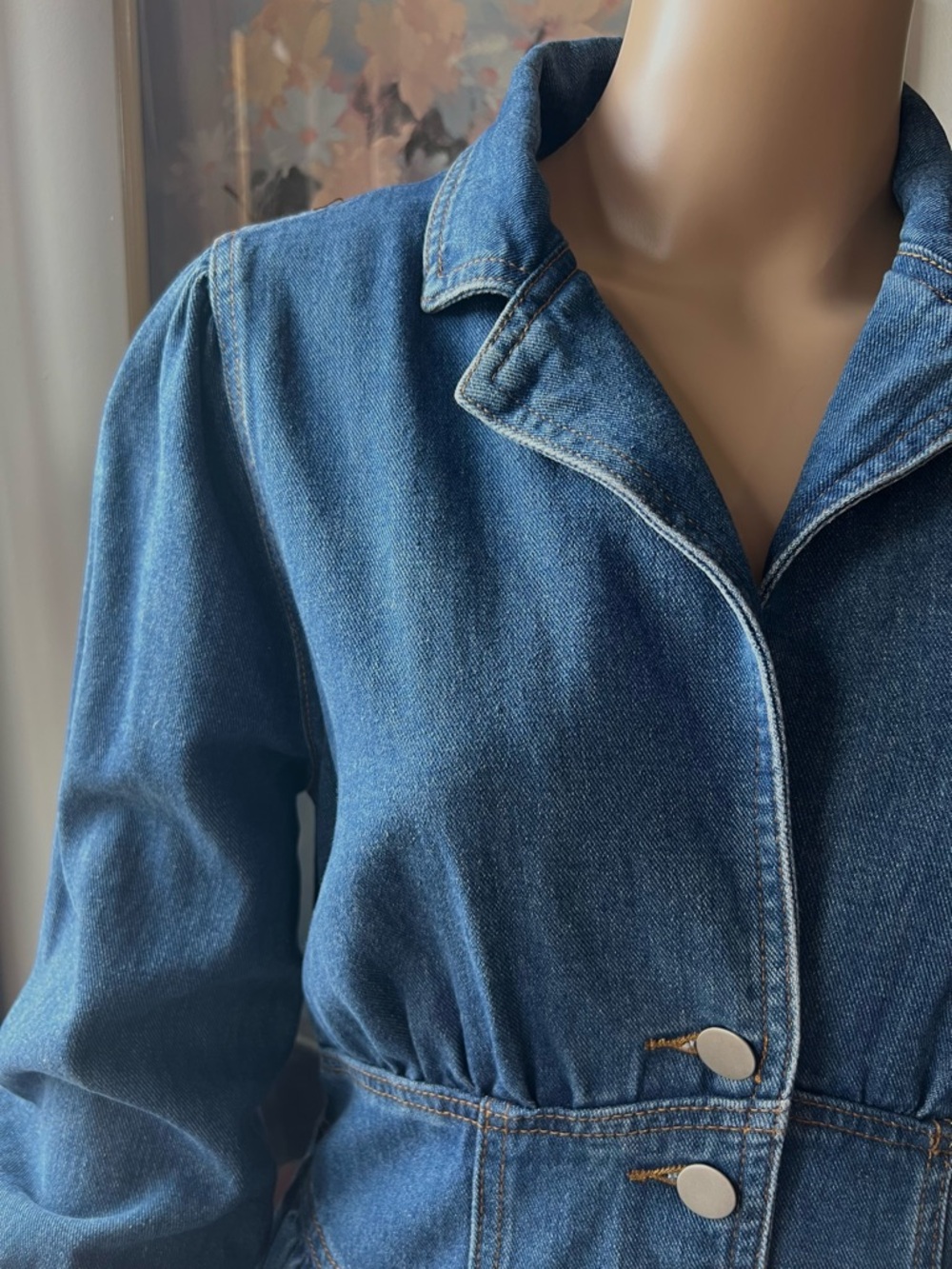 Dark Blue Denim Long-Sleeve Button-Corset Waist Open back A-line Dress - Picture 3 of 16